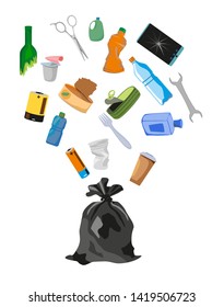Garbage on white. Cartoon vector trash and food rubbish, litter and refuse, sweepings for waste dump for recycle, vector illustration