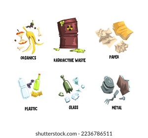 Garbage with Organic, Radioactive Waste, Paper, Plastic, Glass and Metal Vector Set
