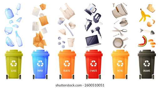 Garbage over trash bins. Waste management concept: segregation, separation, trash bins, sorting, recycling, trash can. Paper, plastic, scrap metal, glass, organic waste, e-waste.