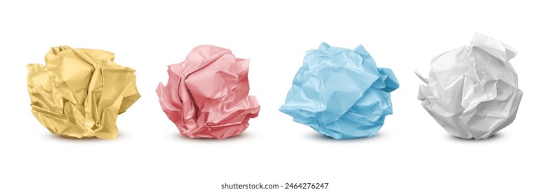 Garbage paper idea notes trash, isolated set of realistic crumpled balls. Vector failure or mistake on sheet, crinkled page or used bag, wastepaper sorted for recycling, rumpled texture