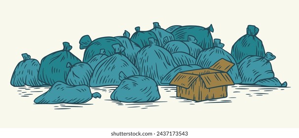 Garbage pile of bags in color sketch style isolated on white background. Collection design doodle elements. Vector illustration.