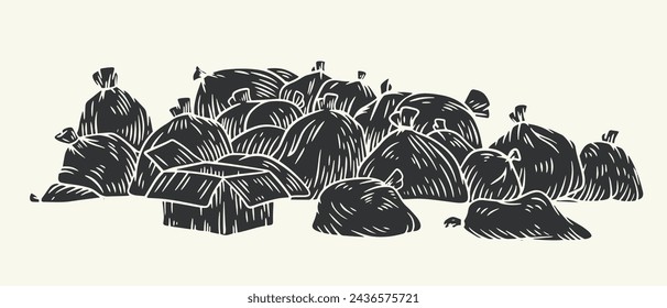 Garbage pile of bags in monochrome sketch style isolated on white background. Collection design doodle elements. Vector illustration.