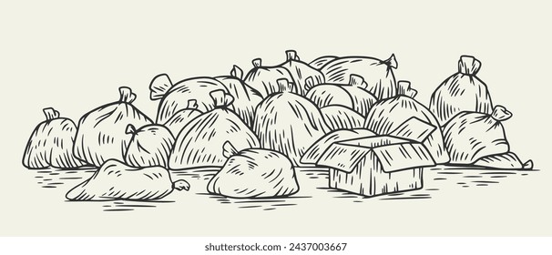 Garbage pile of bags in monochrome sketch style isolated on white background. Collection design doodle elements. Vector illustration.