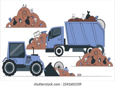 Garbage pile in trash dump or landfill. Pollution concept.  Infographic Illustration, book print, education awareness poster and other. concept clean city. Waste management