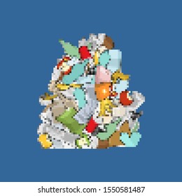 Garbage pixel art. 8bit Pile Rubbish. Stack trash. litter background. peel from banana and stub. Tin and old newspaper. Bone and packaging. Crumpled paper and plastic bottle