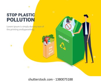 Garbage plastic bags in dustbin with man character and using organic bags for Stop Plastic Pollution problem concept.