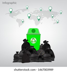 garbage plastic bags and green bin with world map background for reduce waste infographic, green world, green area