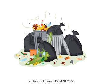 Garbage plastic bags and waste cans full with rotting stinking garbage flat cartoon vector illustration isolated on white background. Dirty scrapyard open containers.