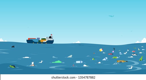 Garbage and plastic bottles that have been dumped into the sea
