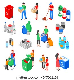 Garbage and plastic recycling isolated images set with isometric rubbish containers trash bins and people characters vector illustration