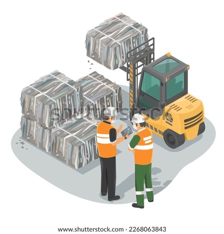 Garbage Plastic sorting and recycling management compressed garbage piles using forklift in recycle industry environmental career illustration isometric isolate vector
