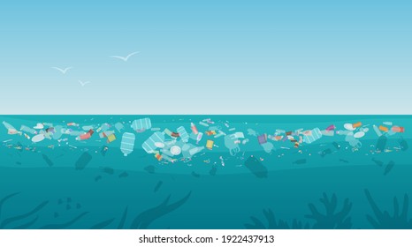 Garbage in polluted sea ocean water vector illustration. Cartoon nature scenery with plastic bottle trash waste rubbish floating on dirty surface water, global environmental world problem background