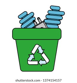 garbage pot with recycle arrows and bulbs