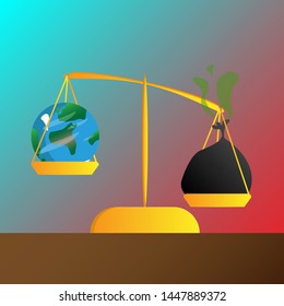 Garbage problem. Garbage outweighs Earth on scales. A lot of trash. Vector illustration