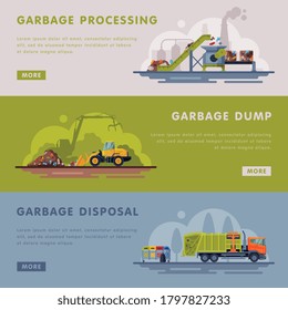 Garbage Processing, Dump, Disposal Landing Page Templates Set, Waste Processing Factory, Industrial Garbage Recycling Vector Illustration