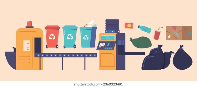 Garbage Processing Items Set. Conveyor Belt, Recycling Containers, Composting Bins, And Trash Bags, Vector Illustration