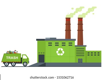 garbage processing plant. garbage truck rides with waste. flat vector illustration.