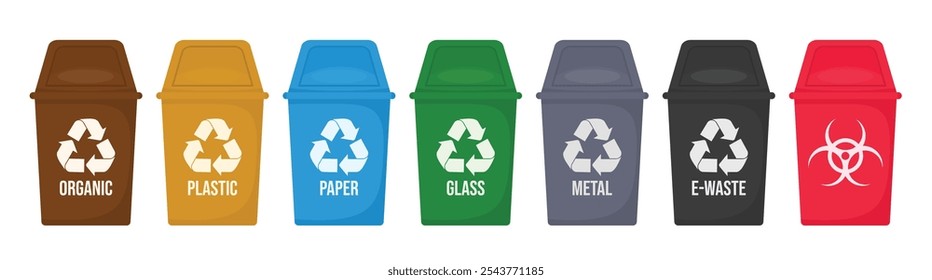 Garbage recycle bins set plastic glass metal organic paper e waste sorting recycle 