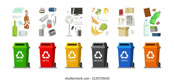 Garbage recycle bins set. Vector illustrations of trash containers classification. Cartoon collection of plastic glass metal organic paper trash for dustbins isolated on white. Environment concept