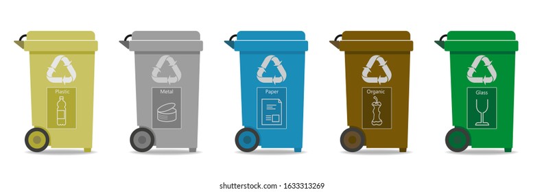 Garbage recycle bins for sorting paper, glass, plastic, metal and organic waste in different fractions. Vector Illustration