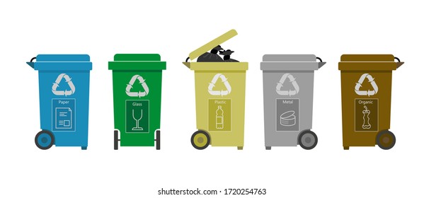 Bolas de reciclaje de basura para clasificar papel, vidrio, plástico, metal y residuos orgánicos en diferentes fracciones. Ilustración vectorial