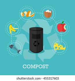 Garbage recycle concept vector illustration in flat style. Compost waste recycling poster and icons. Trash bin.