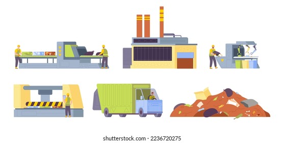 Garbage recycle factory. Manufacturing process recycling and plastic waste on urban rubbish, plant workers of industrial disposal wastes, splendid vector illustration of recycle waste and garbage