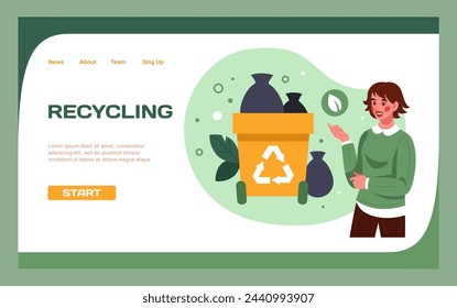 Garbage recycle landing page. Green energy. Rubbish recycling technology. Environment conservation. Dustbin with trash bags. Litter sorting. Eco protection. Website design template. Vector background