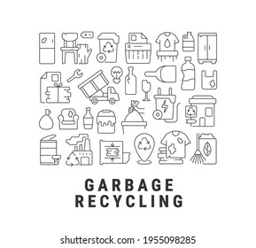 Diseño de concepto lineal abstracto de reciclaje de basura con titular. Idea minimalista de gestión de residuos. Desecho de basura planos gráficos de línea delgada. Iconos de contorno vectorial aislado para el fondo