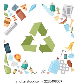 Las flechas de reciclaje de basura están rodeadas de basura. Ilustración vectorial de estilo plano