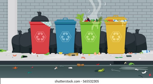 Garbage in the recycling bins at the drop littered and dirty.