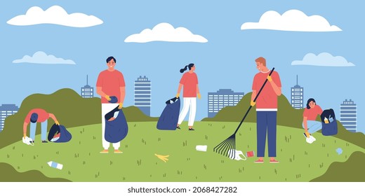 Müllrecycling Stadtzusammensetzung mit Außenlandschaft Stadtpark mit Stadtlandschaft und Menschen, die Abfallvektorgrafik sammeln