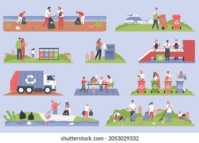 Garbage recycling color set of isolated compositions with people collecting waste with boat and sanitation truck vector illustration