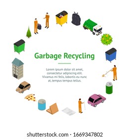 Garbage Recycling Concept Banner Card Circle 3d Isometric View Include of People, Car and Bin. Vector illustration of Service