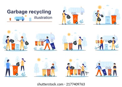 Escenas de concepto de reciclaje de basura con gente pequeña en diseño plano. Hombres y mujeres recolectan y separan la basura en contenedores, manejo de desechos. Colección de historias visuales de ilustraciones vectoriales para web