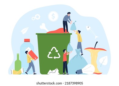 Garbage recycling concept. Waste world pollution and cleaning metaphor. Young volunteers clean up, environmental recycle company recent vector scene