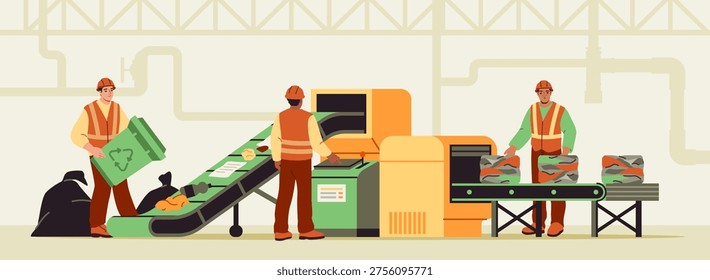 Garbage recycling conveyor. Waste recycling center employees sort and compress trash on conveyor belt. Rubbish assembly line. Caring for nature and environment. Flat vector illustration