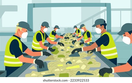 Garbage recycling conveyor. Waste recycling plant workers sorting trash. Waste separation process. People working in ecological production. Vector illustration in flat style