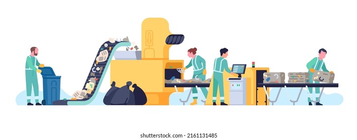 Garbage recycling conveyor. Workers of waste processing plant. Sorting and compress trash machine. Rubbish assembly line. People working in environmental manufacture - Shutterstock ID 2161131485