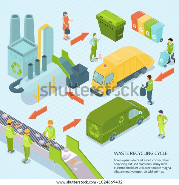 Garbage\
recycling cycle on blue background from trash bins till waste\
processing plant isometric vector\
illustration