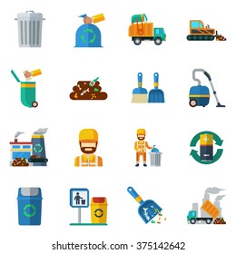 Garbage recycling flat color icons set of dump truck garbage can processing plant isolated vector illustration