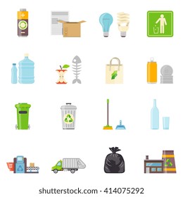 Garbage and recycling flat Icons Set Vector Illustration