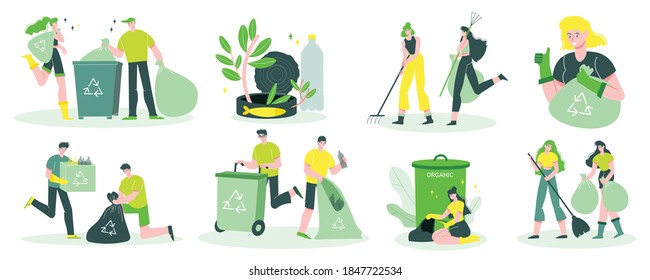 Garbage recycling flat set with collecting garden household waste sorting in plastic bags rubbish container vector illustration 