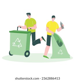 Garbage recycling flat set with collecting garden household waste sorting in plastic bags rubbish container vector illustration