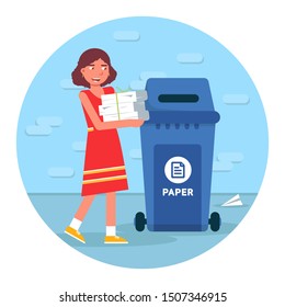Garbage recycling flat vector illustration. Waste sorting round isolated clipart on white background. Young girl putting paper in trash bin cartoon character. Material reuse design element