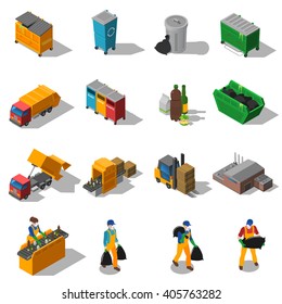 Garbage recycling and green waste collection services and facilities isometric icons collection abstract isolated shadow vector illustration