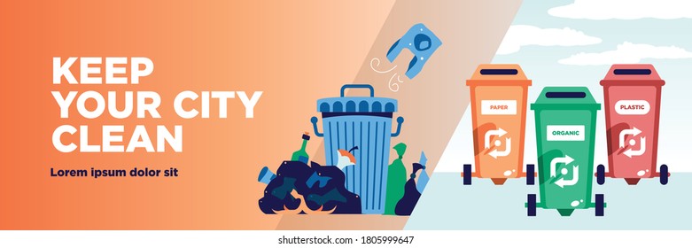 Garbage recycling horizontal banner with editable text and waste bins with reuse symbols and rubbish bags vector illustration