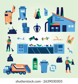 Garbage recycling horizontal set with waste sorting symbols flat isolated vector illustration volunteer management renewable save sustainability recyclable industry box cleaning energy dump dustbin