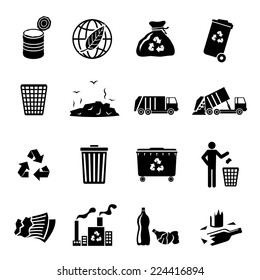 Garbage recycling icons black set of landfill trash truck dump isolated vector illustration