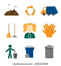 Garbage recycling icons flat set of landfill truck gloves isolated vector illustration